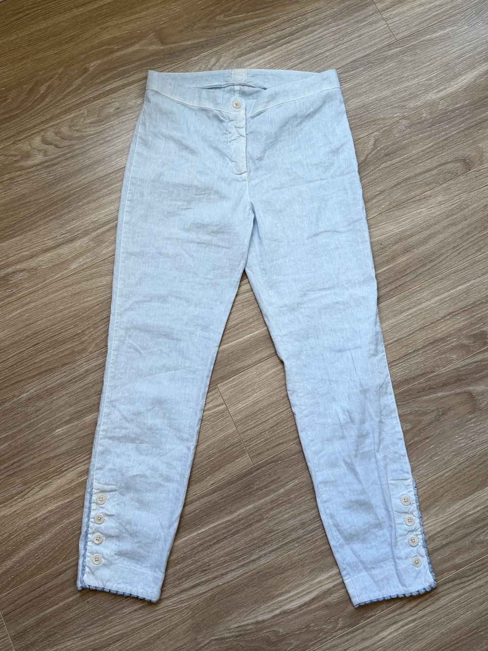 120% Lino Women’s Linen Trousers Blue Button and Scalloped Hem Sz 42/ Small